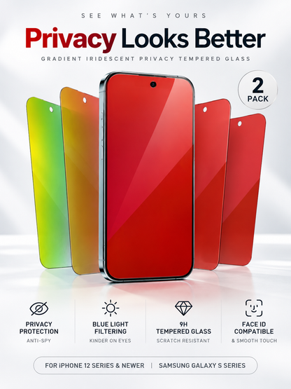 Anti-Blue Light & Privacy Tempered Glass Screen Protector for iPhone & Samsung (2-Pack) — Gradient Iridescent Privacy Screen Protector